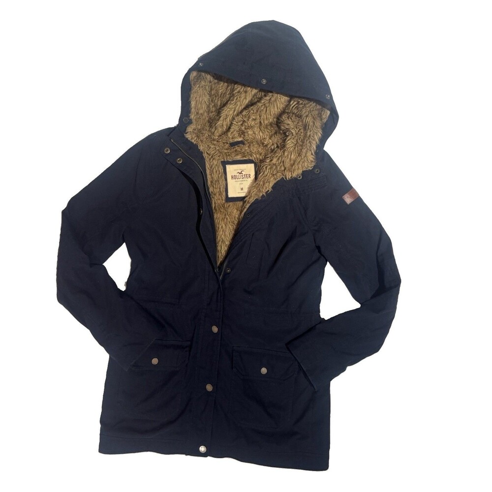 Hollister Vintage Y2K Women's Medium Navy Faux Fur Lined Hooded Canvas Jacket